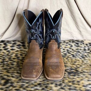 Ariat Brown Leather Cowboy Boots with Black and Blue Embroidery